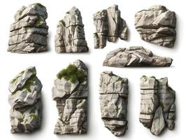 Collection of big stones isolated on white background. Rough stone blocks. Rock platforms photo