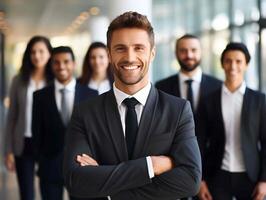 Portrait of a successful businessman, Smiling business team in office with successful leaders and professionals standing together. photo