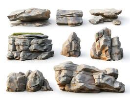 Collection of big stones isolated on white background. Rough stone blocks. Rock platforms photo