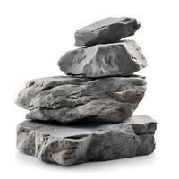 Black stone podium for product display. Rough stone blocks isolated on white background. Rock platforms photo