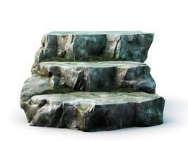 Black stone podium for product display. Rough stone blocks isolated on white background. Rock platforms photo