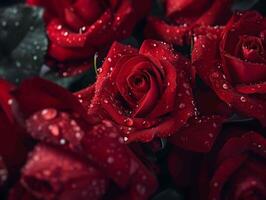 Red rose in bloom with dew drops in nature, a macro shot of wet petals reflecting love and romance. Concept of beauty of nature and love photo