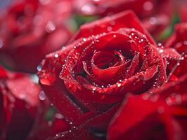 Red rose in bloom with dew drops in nature, a macro shot of wet petals reflecting love and romance. Concept of beauty of nature and love photo