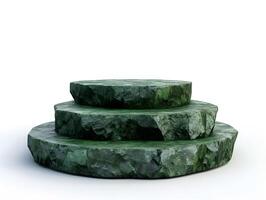 Black stone podium for product display. Rough stone blocks isolated on white background. Rock platforms photo