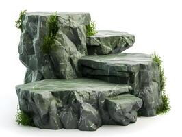 Black stone podium for product display. Rough stone blocks isolated on white background. Rock platforms photo