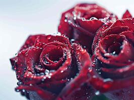 Red rose in bloom with dew drops in nature, a macro shot of wet petals reflecting love and romance. Concept of beauty of nature and love photo