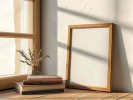 Empty picture frame mockup on a wooden table with vase with green tree branches and old books, inside a room by a window on a grunge white wall. Minimal design in bright interior background photo