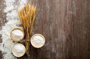 Recipe concept on dark background, sprinkled wheat flour, grain and ears with free copy space. photo