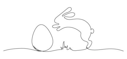 Easter bunny rabbit with egg one continuous line illustration isolated on transparent background. Funny spring holiday symbol, Easter egg hunt concept vector