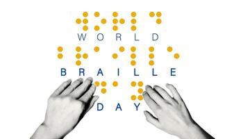 World Braille Day banner, January 4. Halftone hands reading text made by braille alphabet signs. Fingers touching the relief quote for blind. illustration isolated on white background vector