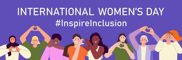 Inspire inclusion banner for International Women's day. IWD 2024 campaign with diverse happy women making heart gesture and hashtag on purple background. Flat modern illustration vector