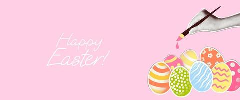 Happy Easter modern retro art collage banner template. Greeting background with cut out of magazine Easter eggs and halftone hand coloring them. illustration on pink backdrop vector