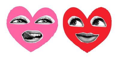 Valentines day halftone collage elements set. Cut out of magazine shapes, red and pink hearts with female eyes and mouths, lips. Modern retro grunge punk illustration vector