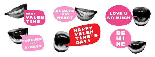 Valentines day halftone collage stickers set lips with speech bubbles and text. Modern retro magazine style pop art banners with romantic notes. illustration isolated on transparent background vector