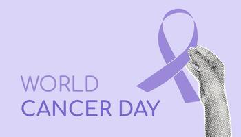World Cancer day banner template with halftone hand holding purple ribbon. Minimalist background with collage element for mixed media design. Modern retro illustration with copy space vector