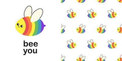 Set of rainbow bee element and seamless pattern made of flying bees. LGBTQ Pride community symbol, free love positive slogan Bee you. Flat illustration isolated on transparent background vector