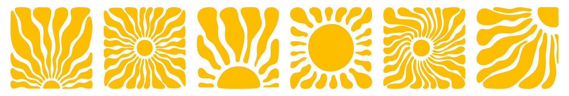 Sun groovy square design elements set. Various yellow floral hippie poster templates, hand drawn abstract wavy patterns in modern retro Matisse style. illustration on transparent background