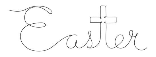 Easter one continuous line lettering with Christian cross instead letter t. Faith, religion concept. Hand drawn illustration with editable stroke isolated on transparent background vector