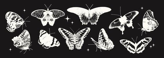 Various butterflies photocopy effect negative elements set with grunge stippling grain messy texture. Trendy spring and summer y2k aesthetic illustration isolated on black background vector