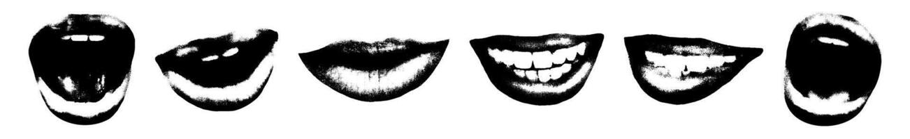 Lips and mouths retro photocopy effect elements set. Grunge punk messy texture. Trendy y2k aesthetic illustration with stippling grainy effect vector