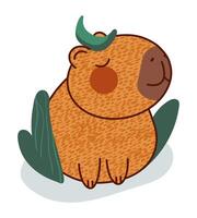 Cute relaxing capybara. Calm capibara character sitting in green grass and chilling. Modern flat cartoon illustration with hand drawn texture isolated on transparent background vector