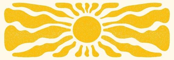Sun groovy retro horizontal background. Sun burst hippie banner with vintage grainy texture, hand drawn abstract wavy pattern in 60s, 70s. Modern Matisse style summer illustration vector