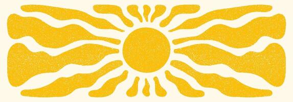 Sun groovy retro horizontal background. Sun burst hippie banner with vintage grainy texture, hand drawn abstract wavy pattern in 60s, 70s. Modern Matisse style summer illustration vector