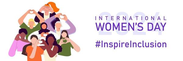 Inspire inclusion banner template for International Women's day. IWD 2024 campaign with diverse women making heart gesture and hashtag on white background. Flat illustration vector