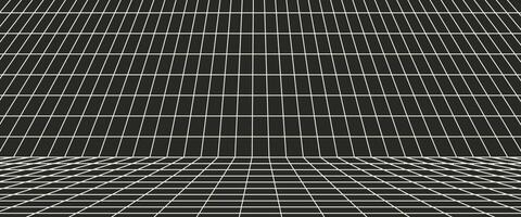 Muted white distorted grid perspective banner isolated on black background. 90s, 2000s retro style vaporwave, wireframe, futuristic backdrop. Trendy illustration vector