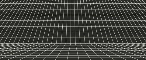 Muted white distorted grid perspective banner isolated on black background. 90s, 2000s retro style vaporwave, wireframe, futuristic backdrop. Trendy illustration vector