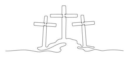 Tres calvario cruces en colina uno continuo línea ilustración aislado en transparente antecedentes. crucifixión de Jesús Cristo concepto. Resurrección concepto vector