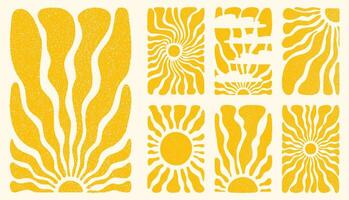 Sun groovy vertical backgrounds set. Various sun burst hippie posters with vintage noise texture, hand drawn abstract wavy patterns in 60s, 70s. Modern retro Matisse style illustration vector