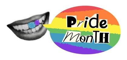 Halftone human mouth with rainbow speech bubble and cut out text Pride month. Modern retro collage element with LGBTQ symbol. Trendy illustration isolated on transparent background vector