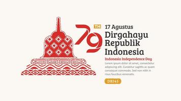 Indonesia Independence Day Banner. Hand-Drawn Borobudur Temple with Trendy Stamp. 17 Agustus Celebration vector