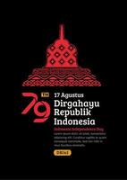 Indonesia Independence Day Poster. Hand-Drawn Borobudur Temple with Trendy Stamp. 17 Agustus Celebration vector