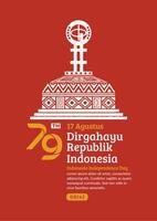 Indonesia Independence Day Poster. Hand-Drawn Equator monument with Trendy Stamp. 17 Agustus Celebration vector