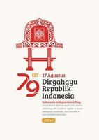 Indonesia independencia día póster. dibujado a mano lombok tradicional casa con de moda estampilla. 17 Agustus celebracion vector