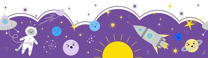 Long seamless solar system banner with cute kids planets characters, spaceship and astronaut, abstract space or sky elements, asteroid, stars, dots, hearts vector