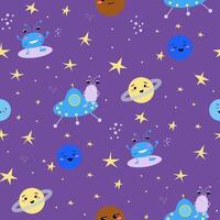 Seamless pattern with cute space aliens or monsters, spaceships ufo, happy and angry cosmic childrens characters and planets. vector