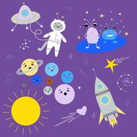 Set solar system with cute kids planets characters, spaceship and astronaut, aliens or monsters, abstract space or sky elements, asteroid, stars, dots, hearts vector