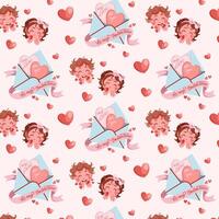 Valentines seamless pattern with cute cupids and love letter. Pink background abstract geometric pattern. Valentine day wrapping paper, concept for flyers and printing paper. illustration vector