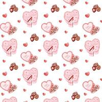 Valentines day background pattern with sweets, cake, chocolate candies and hearts. Valentines day packaging idea, for print and flyers, holiday design. Seamless abstract texture. illustration vector