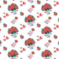 Valentines seamless pattern with red roses bouquets and hearts. White and red background abstract geometric pattern. Valentine day wrapping paper, concept for flyers and printing paper. illustration vector