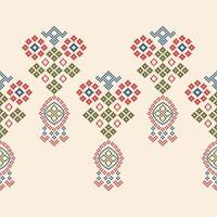 Traditional ethnic motifs ikat geometric fabric pattern cross stitch.Ikat embroidery Ethnic oriental Pixel brown cream background. Abstract,,illustration. Texture,scarf,decoration,wallpaper. vector