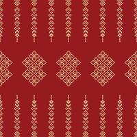 Traditional ethnic motifs ikat geometric fabric pattern cross stitch.Ikat embroidery Ethnic oriental Pixel red background. Abstract,illustration. Texture,christmas,decoration,wallpaper. vector