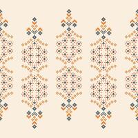 Traditional ethnic motifs ikat geometric fabric pattern cross stitch.Ikat embroidery Ethnic oriental Pixel brown cream background. Abstract,,illustration. Texture,scarf,decoration,wallpaper. vector