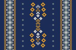 Traditional ethnic motifs ikat geometric fabric pattern cross stitch.Ikat embroidery Ethnic oriental Pixel navy blue background. Abstract,illustration. Texture,decoration,wallpaper. vector