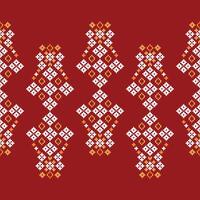 Traditional ethnic motifs ikat geometric fabric pattern cross stitch.Ikat embroidery Ethnic oriental Pixel red background. Abstract,illustration. Texture,christmas,decoration,wallpaper. vector