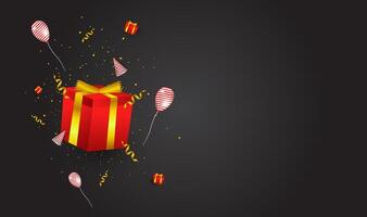 A birthday background design with a dark background, equipped with a birthday hat ornament, a gift box, suitable for invitation cards, backgrounds, posters, social media posts, web, parties, etc. vector