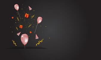 A birthday background design with a dark background, equipped with a birthday hat ornament, a gift box, suitable for invitation cards, backgrounds, posters, social media posts, web, parties, etc. vector